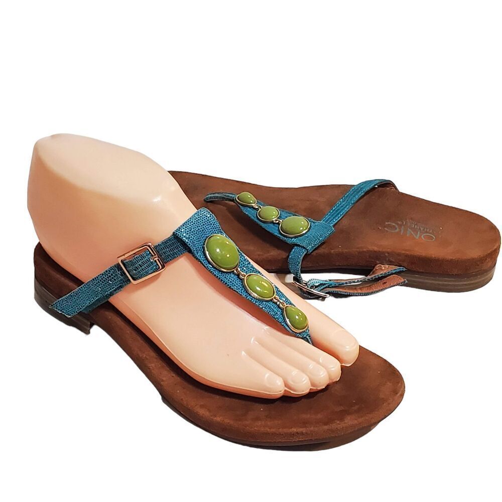 Vionic Jada Thong Sandals Size 7/38 Turquoise Snake Green Jewels T strap Coastal